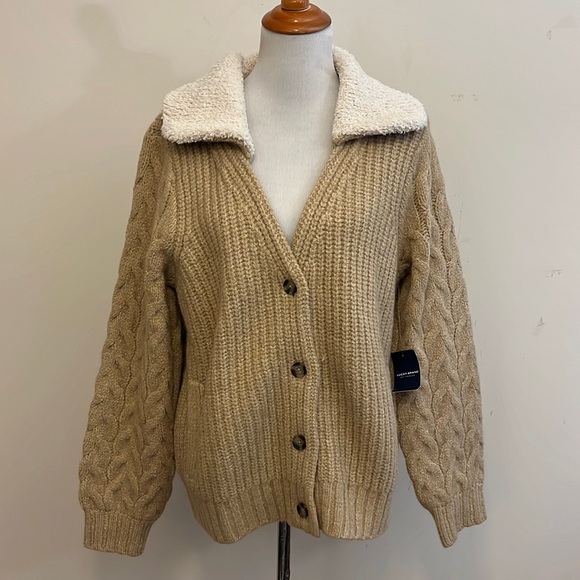 Lucky Brand Sweaters - Lucky Brand New Tan & Cream Cable Knit Sleeve Sweater Jacket Size Large